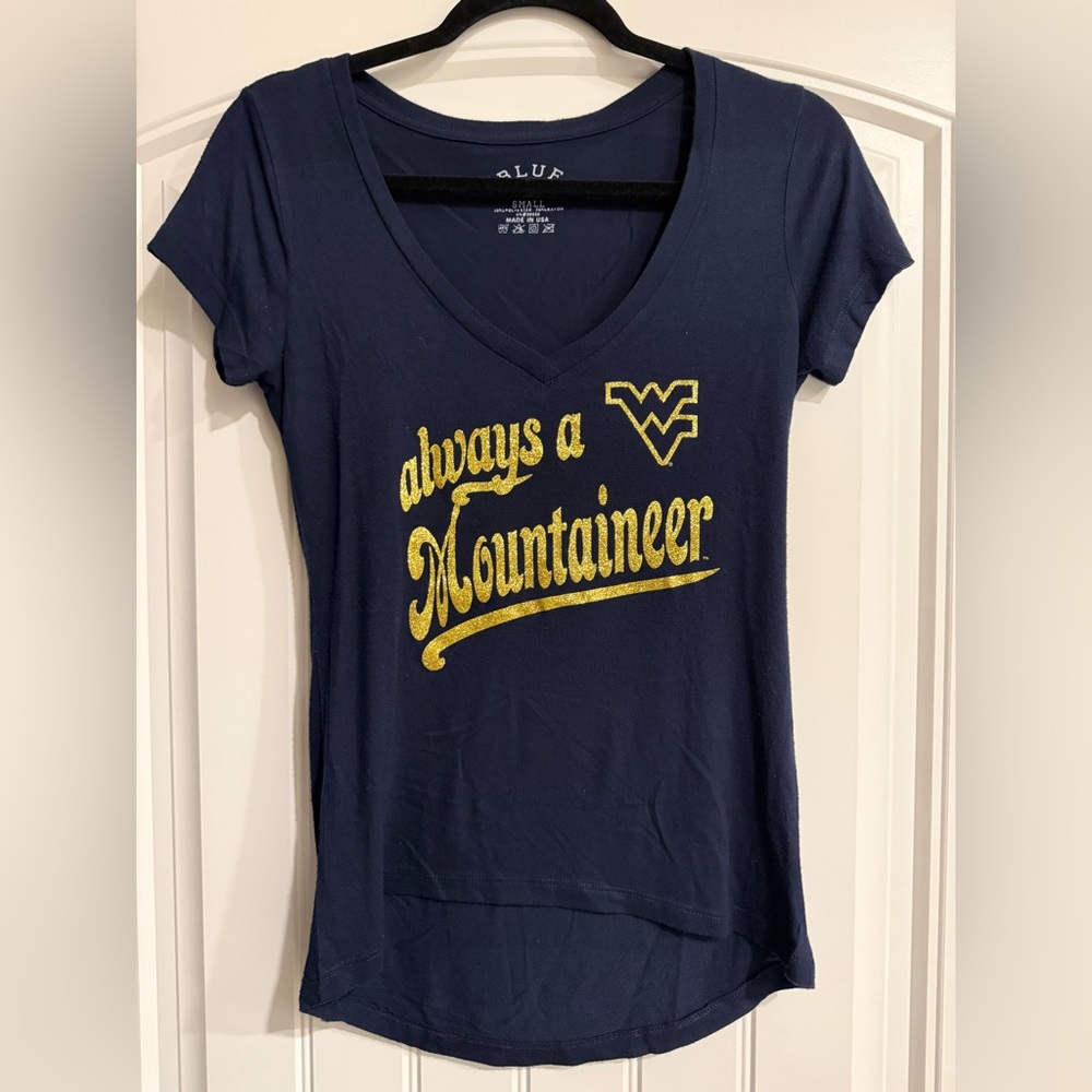 Blue 84 Navy V Neck Tee with Gold Glitter Mountaineer